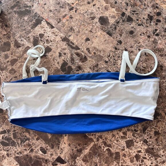 Aerie | Women’s Blue and White Bandeau Bikini Top White Ribbed Adjustable Straps - Picture 10 of 14